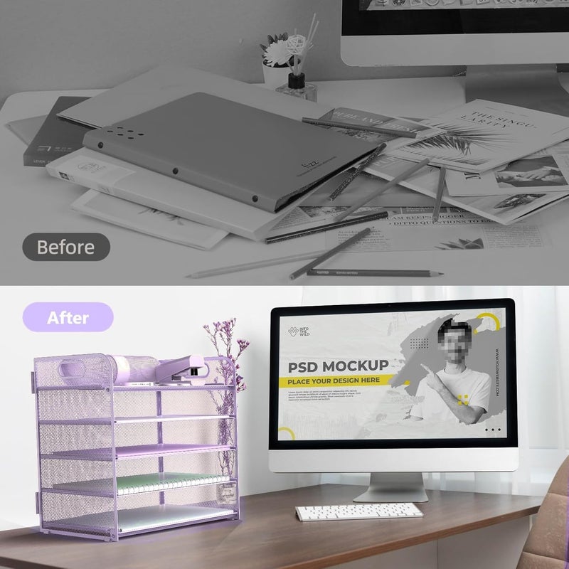 Sinboun Letter Tray Paper Organizer 5-Tier Desk Organizer File Organizer Paper Holder with Handle, Metal Desktop Document Shelf Tray Office Classroom Organization - Purple - Image 3